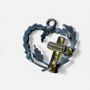 Two-Tone Heart Wreath Cross Pendant - Gold & Silver